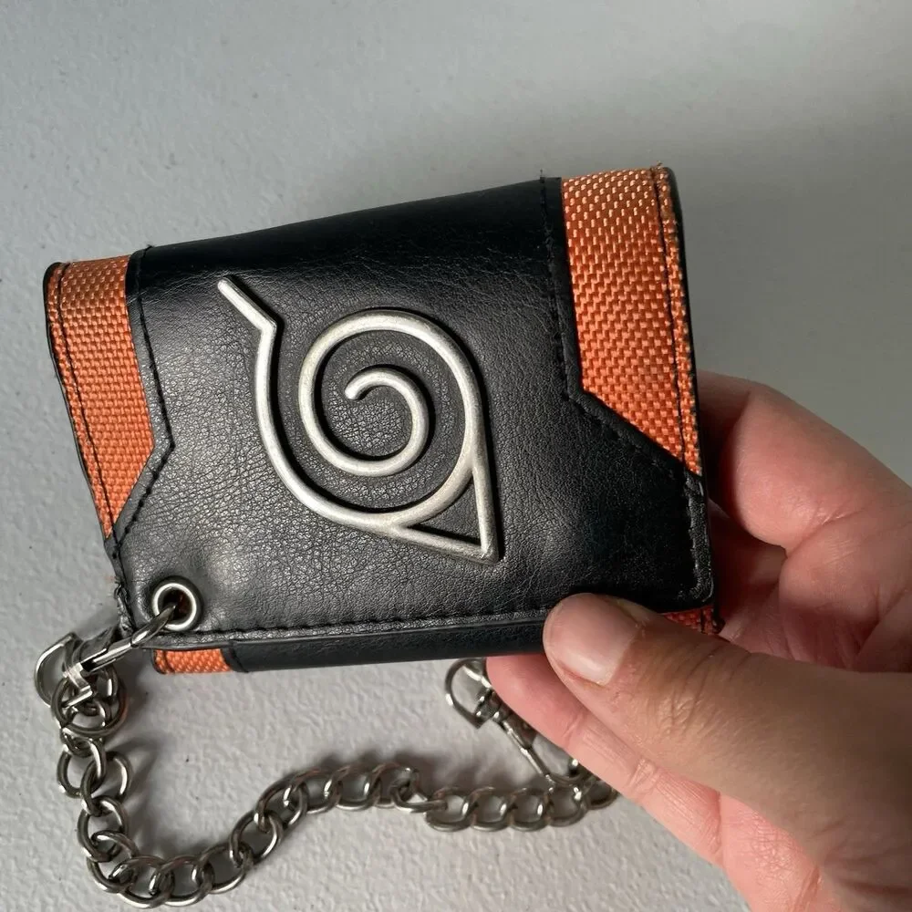 Naruto Logo Chain Wallet Black Orange Tri-Fold Card Slots 15